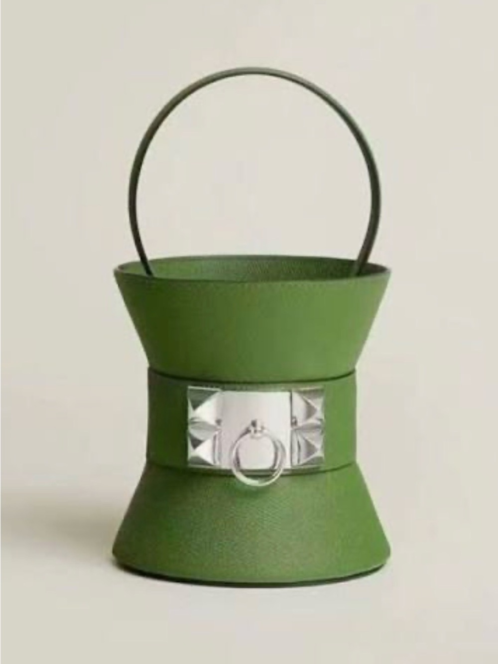 Hermes Green Leather Hourglass Bucket Tote with Silver Hardware